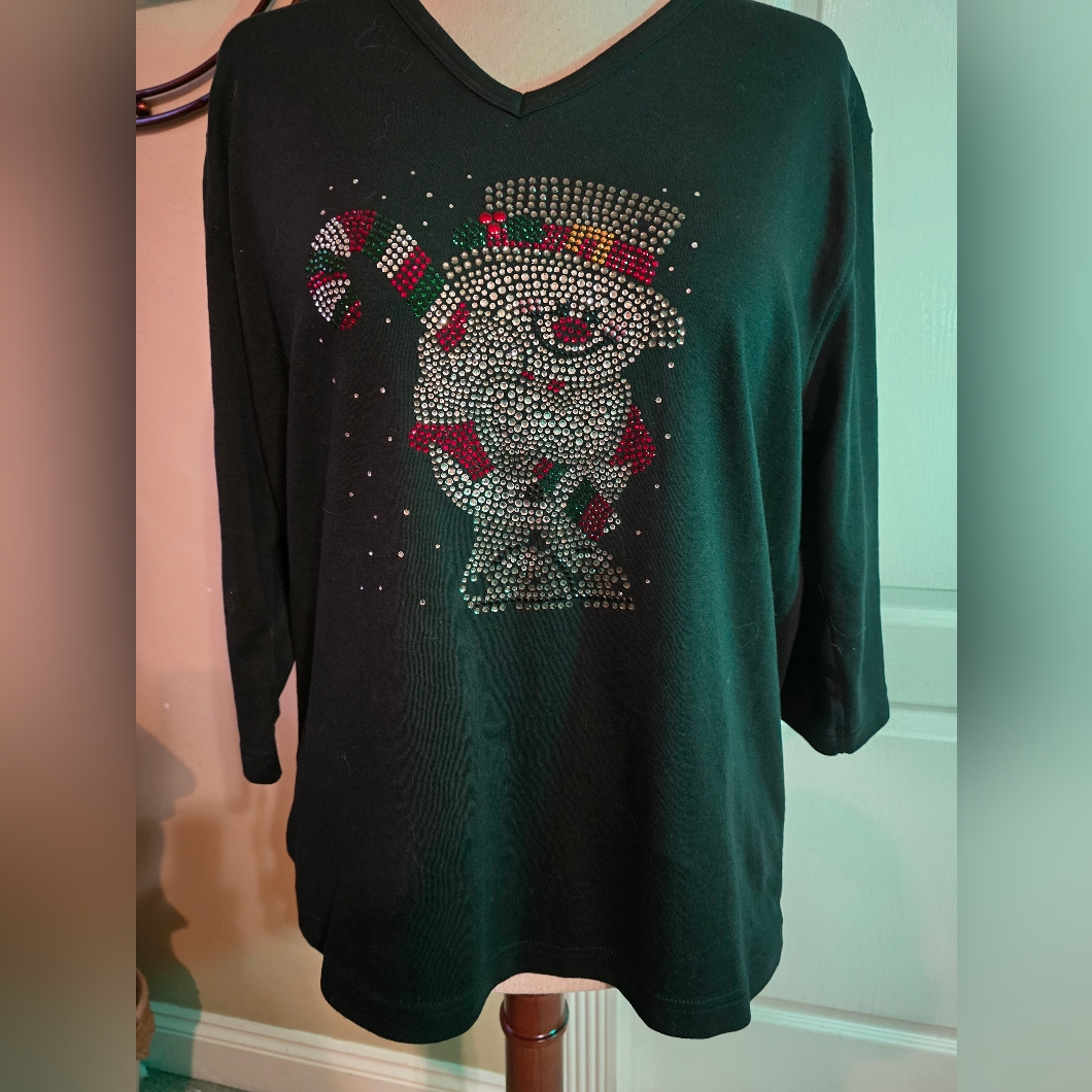 Festive Black Rhinestone Snowman Top Xl New W/Out Tags